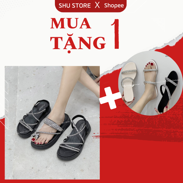 Dép sandal nữ Shu Store 5 quai chéo cao 4cm đính đá mẫu mới đi chơi đi học thời trang xinh xắn cho nữ