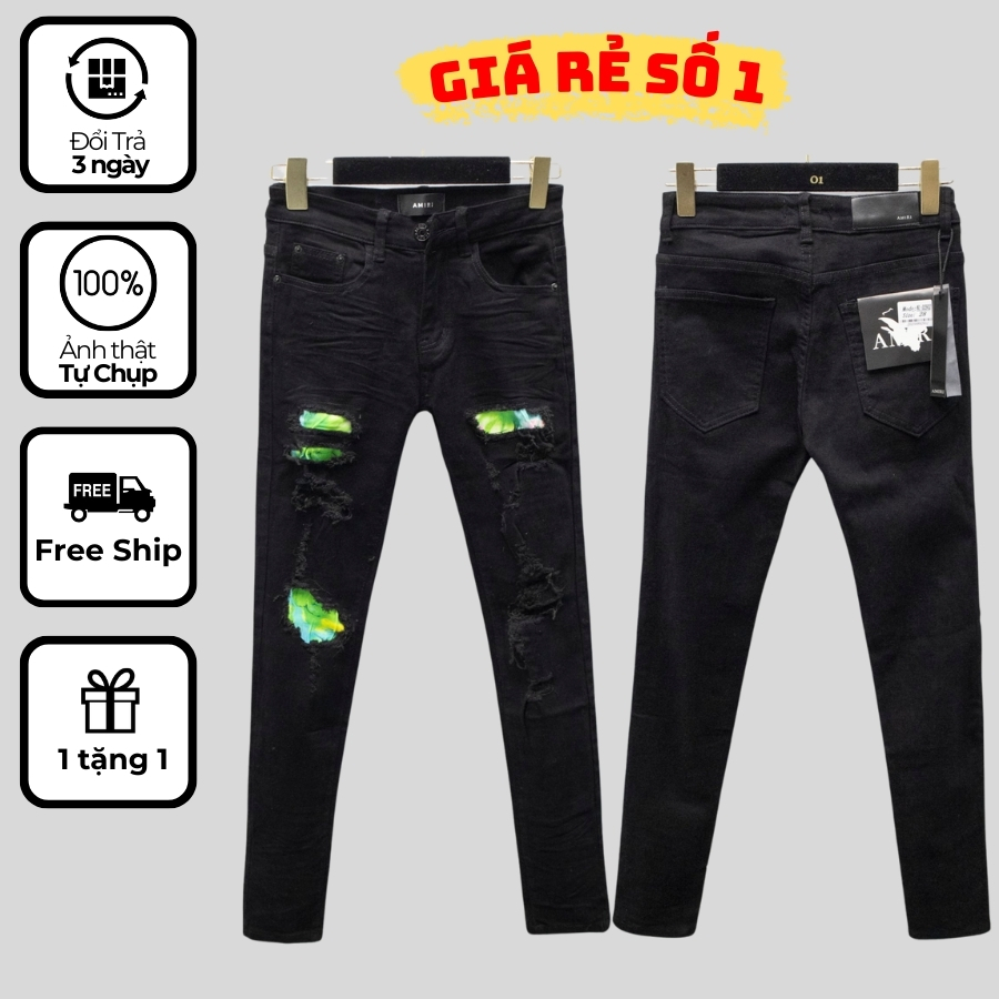 Quần jean nam Amiri, quần jean rách gối Amiri dáng côn hàng Quàng Châu, quần bò nam đen Amiri skinny quảng châu 2902