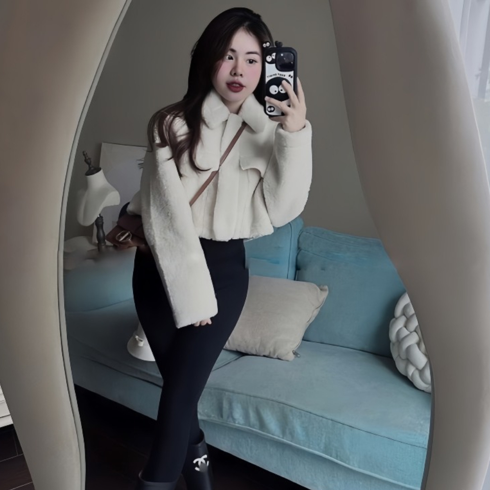 Áo khoác lông croptop cổ bẻ dài tay, áo dầy dặn phong cách nữ tính Hàn Quốc