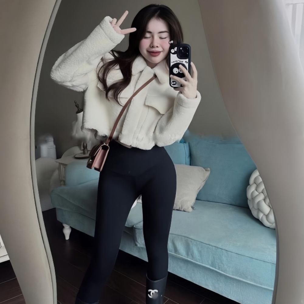 Áo khoác lông croptop cổ bẻ dài tay, áo dầy dặn phong cách nữ tính Hàn Quốc