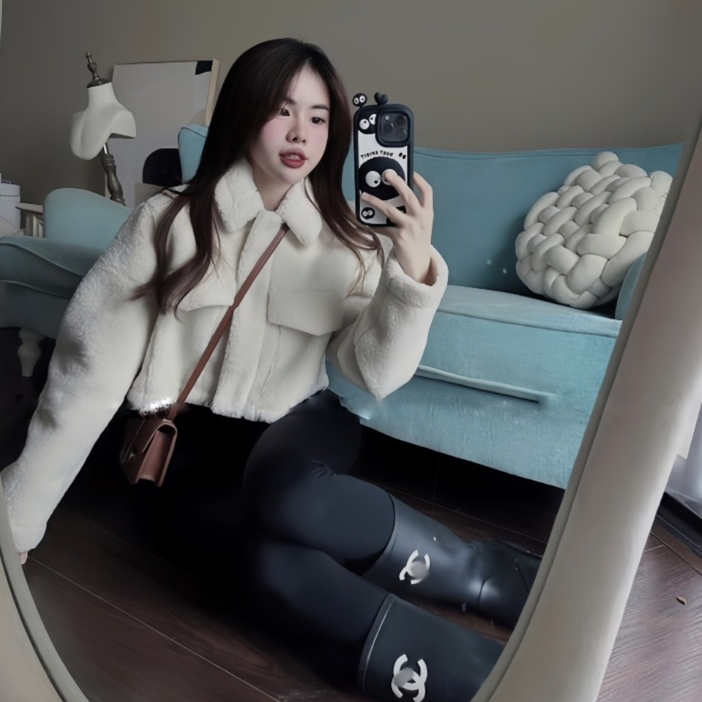 Áo khoác lông croptop cổ bẻ dài tay, áo dầy dặn phong cách nữ tính Hàn Quốc