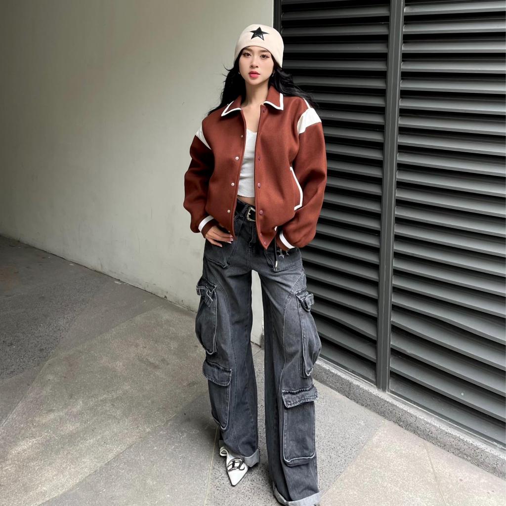 Áo khoác varsity unisex, áo khoác varsity dạ phối da Brock 2023 chất dạ nhập khẩu cao cấp có bảo hành