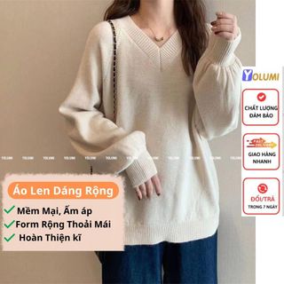 Áo len nữ cổ tim áo sweater dệt kim dáng rộng len dày dặn ấm áp yolumi