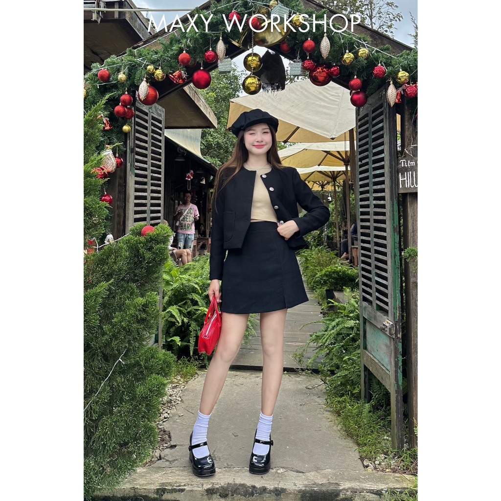 Áo dạ thu đông tay dài dáng croptop nút kiểu Tweed Jacket Maxy Workshop