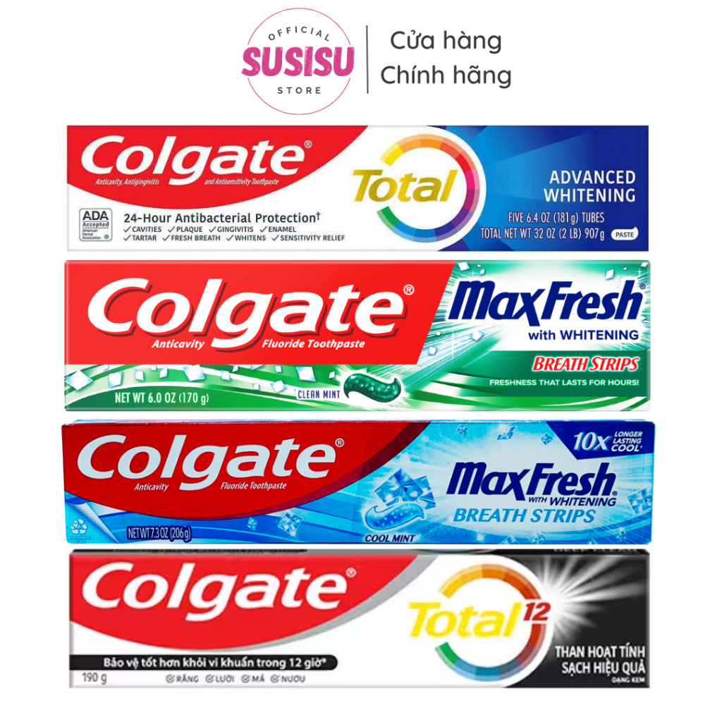 Kem đánh răng Colgate Total Advanced Whitening//Maxfresh/Bạc Hà/Than hoạt tính VN| Kem đánh trắng răng 181g (hàng USA)