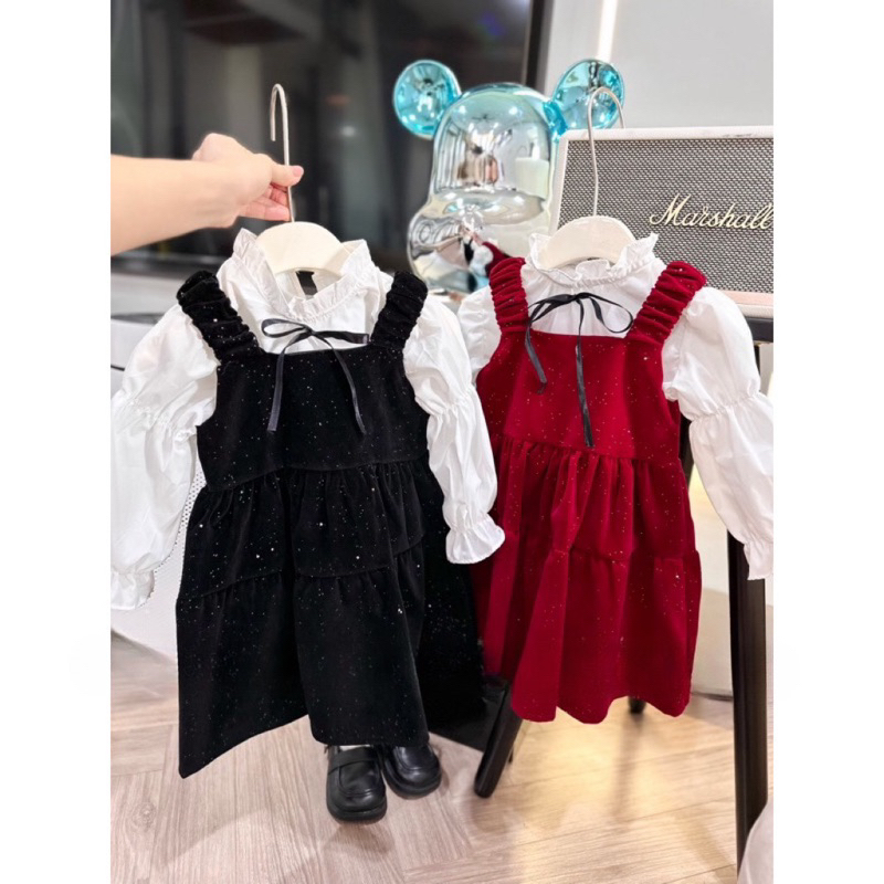 Váy bé gái, set váy yếm nhung chun dây kèm áo trắng tay bồng cho bé 10-30kg