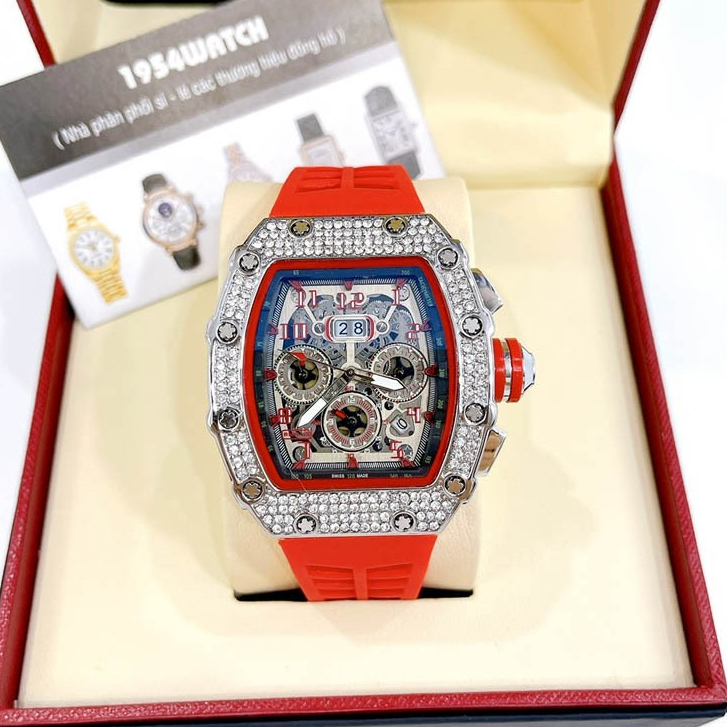 Đồng Hồ Nam RM Modiser Đính Đá, Size Mặt 43mm, Dây Cao Su, 6kim, Chống Nước 3ATM, Máy Pin, Bảo Hành 12 Tháng