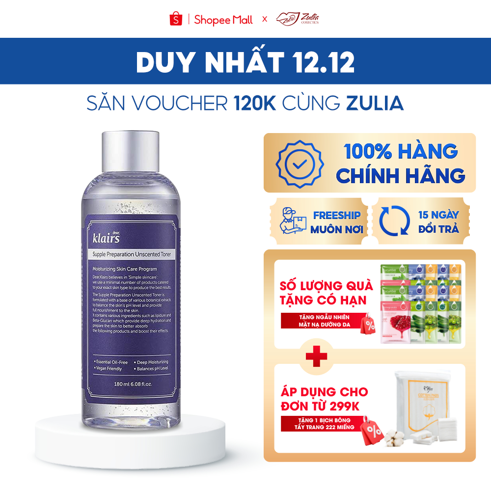 Nước hoa hồng làm sạch, dưỡng ẩm, se khít lỗ chân lông Klairs Supple Preparation Toner 180ml
