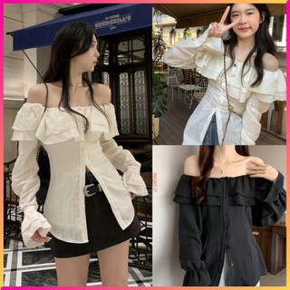Áo trễ vai phối bèo dáng dài cài nút , áo sơmi kiểu nữ dài tay trễ vai siêu nữ tính, áo trễ vai bèo cột eo hàn quốc