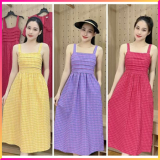 Đầm 2 dây caro xòe dáng dài, đầm babydoll suông kẻ caro hai dây bản to nữ dáng dài đi biển đẹp L29