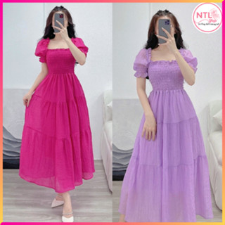 Đầm maxi tay phồng nhún ngực cổ vuông đũi tơ, Váy maxi tay phồng dáng dài qua gối đũi tơ, váy maxi đi biển đẹp L15