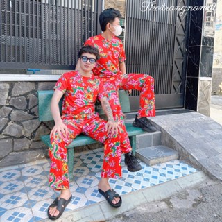 Set Bộ Đồ Thể Thao Nam Nữ In Họa Tiết Hoa Lá Cành Đỏ Mặc Nhà Đi Chơi Chúc Tết Kiểu Khăn Trải Bàn Hót Trend