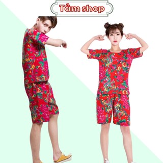 Set bộ thể thao thun lạnh Tay Ngắn Cổ Tròn In Hoa Con Công Trải Bàn Nam Nữ BỘ dài ống rộng Họa Tiết hàn quốc -