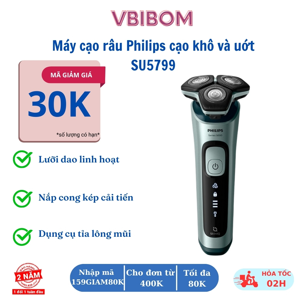Máy cạo râu Philips SU5799 cạo râu khô và ướt pin điện sạc nhanh kèm đầu tỉa lông mũi Seri S5000