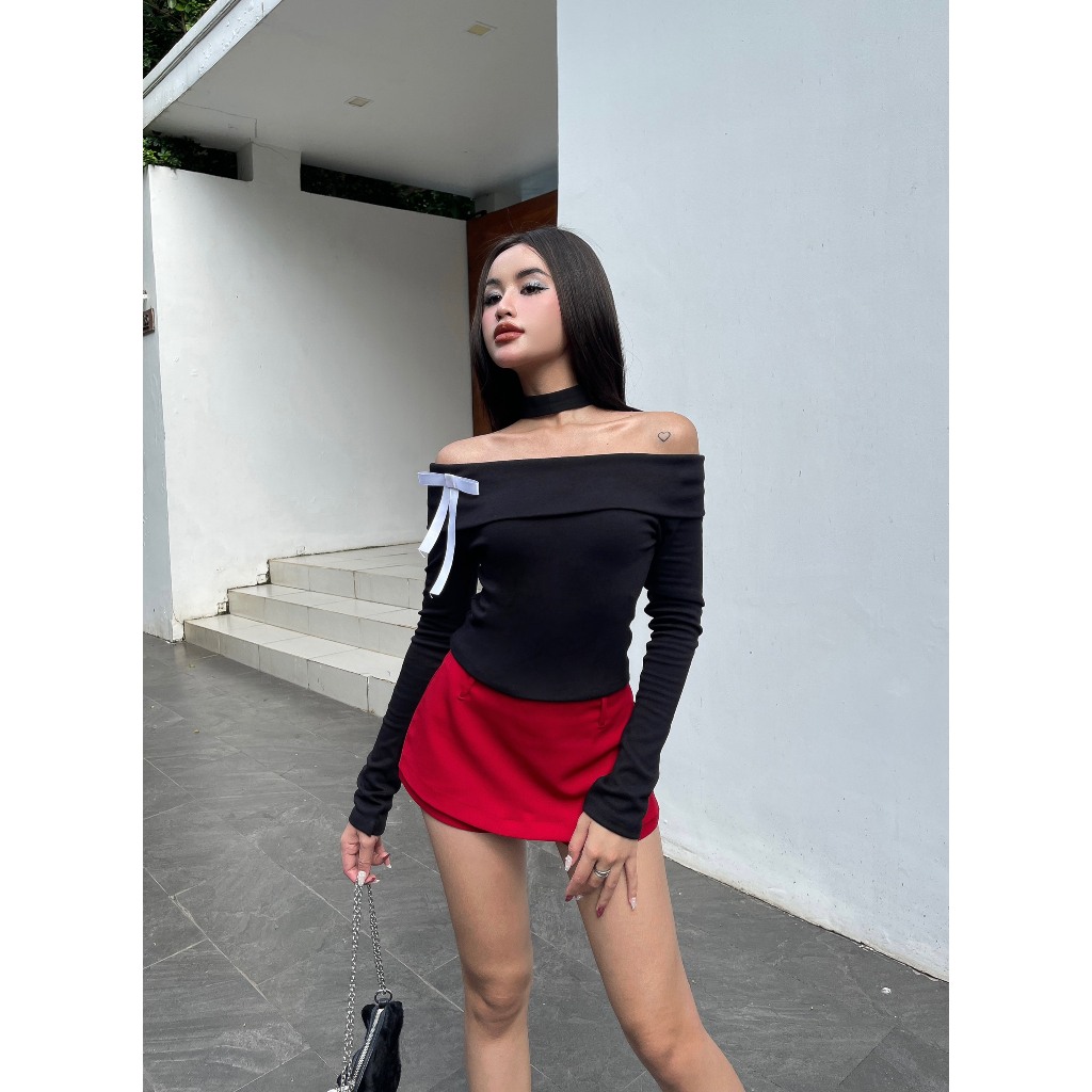 Áo Bẹt Vai Đính Nơ Viibodysuit