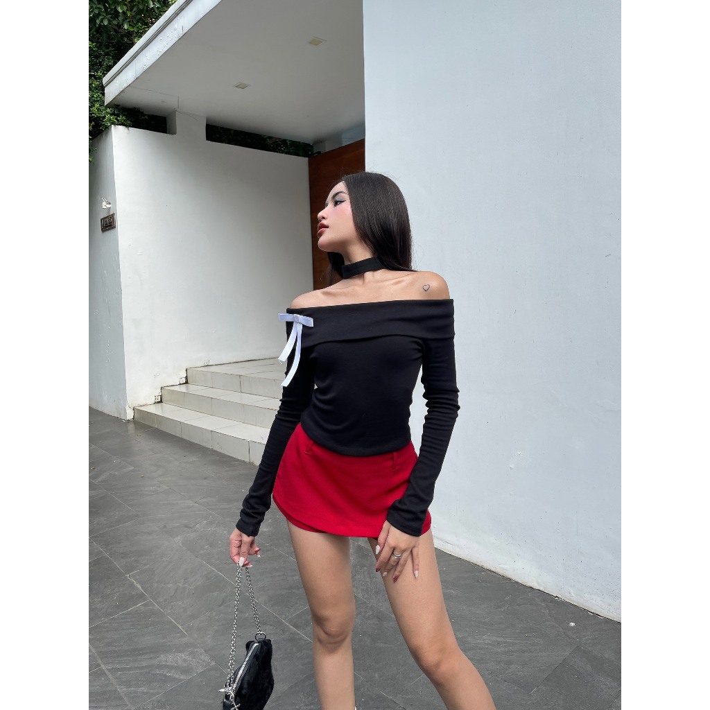 Áo Bẹt Vai Đính Nơ Viibodysuit