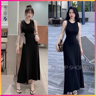 Đầm váy body ba lỗ maxi dài, váy qua gối sang chảnh tôn dáng thun gân màu đen kiểu hàn quốc, đầm sát nách maxi đi biển