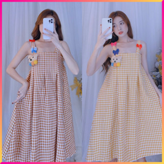 Váy hai dây phối gấu caro dáng xòe babydoll siêu xinh, đầm babydoll phối gấu bông cute, đầm dễ thương đẹp đi chơi L30