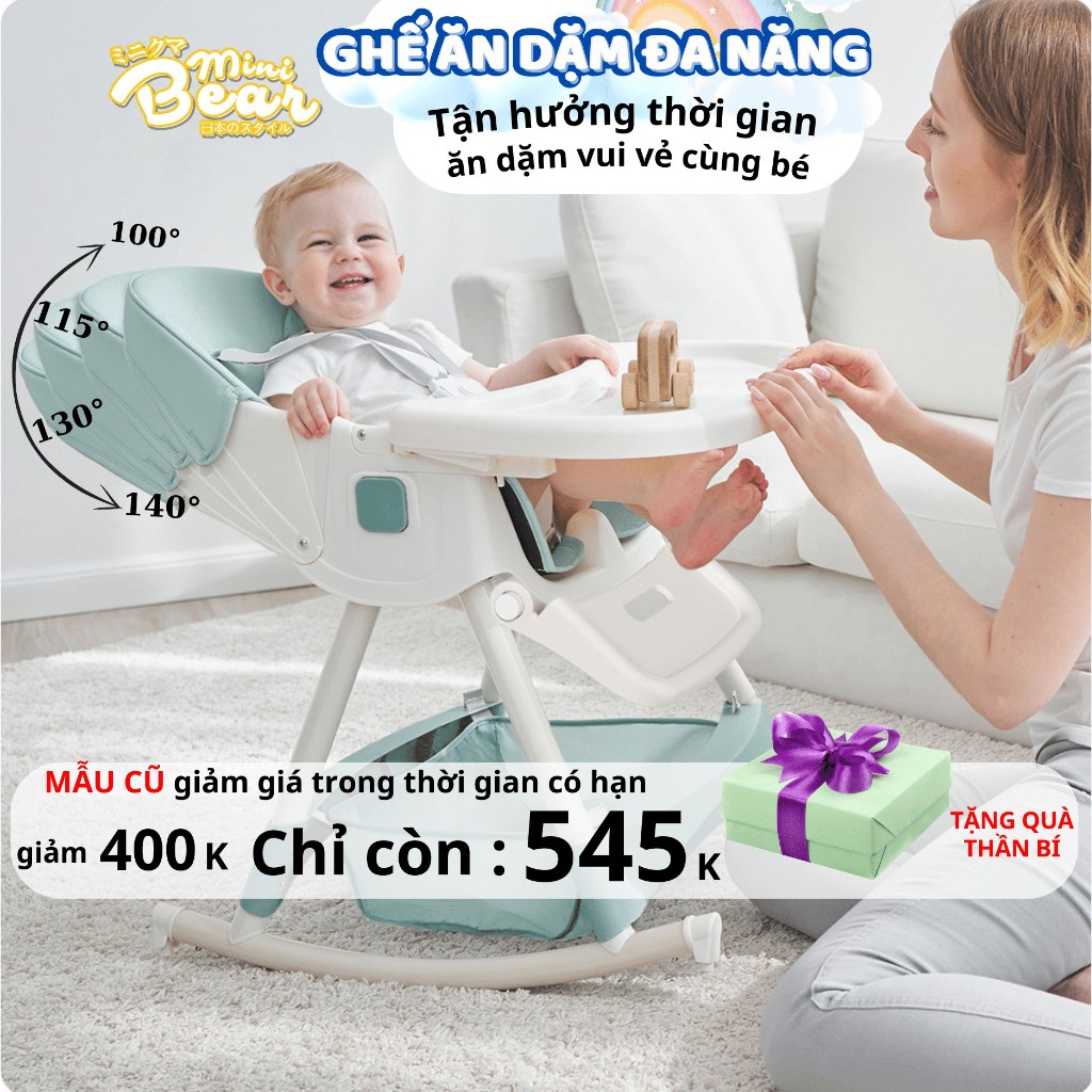 Ghế ăn dặm cho bé Minibear có bánh xe, gấp gọn, ngả tựa lưng, bập bênh, mẫu mã mới bảng nâng cấp.