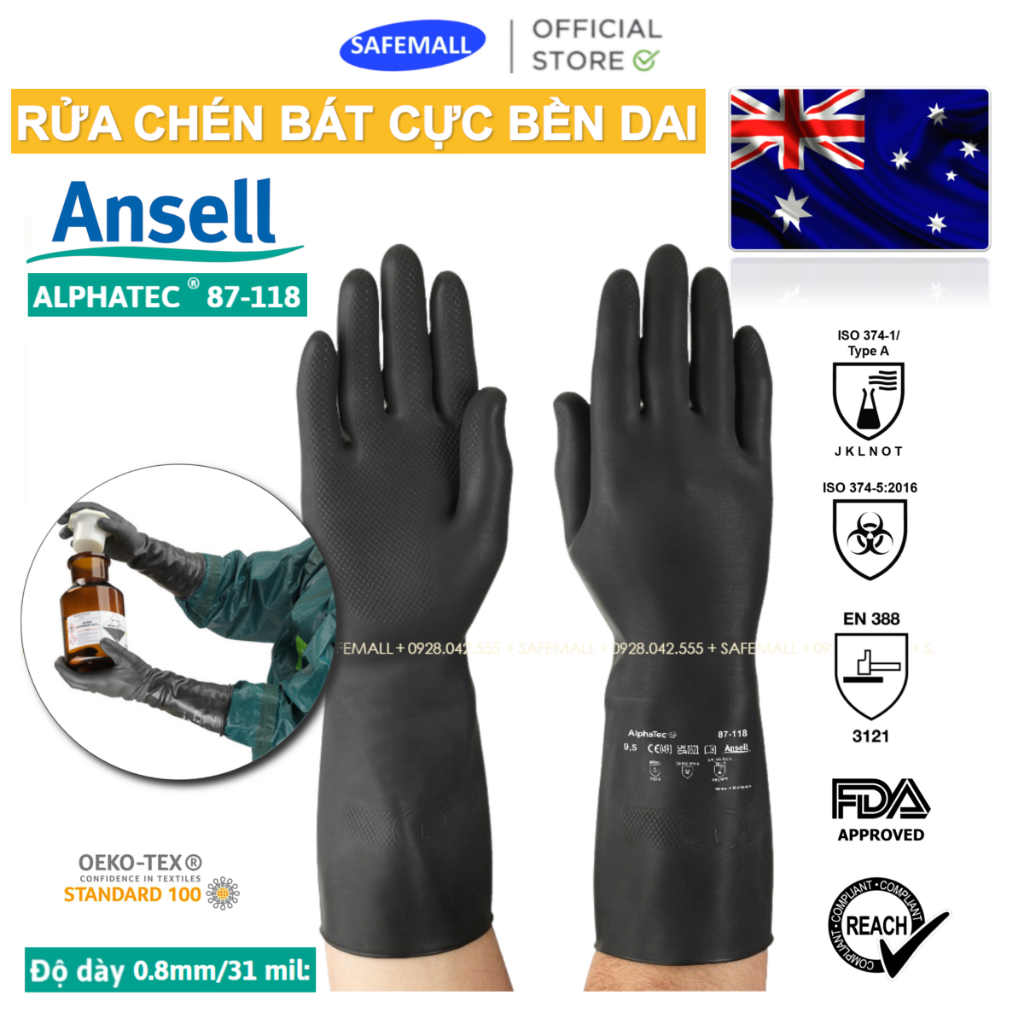 Combo găng tay bảo hộ ngăn hóa chất Ansell Alphatec 87-118, độ dày cao vệ sinh, tẩy rửa - SAFEMALL Chính Hãng