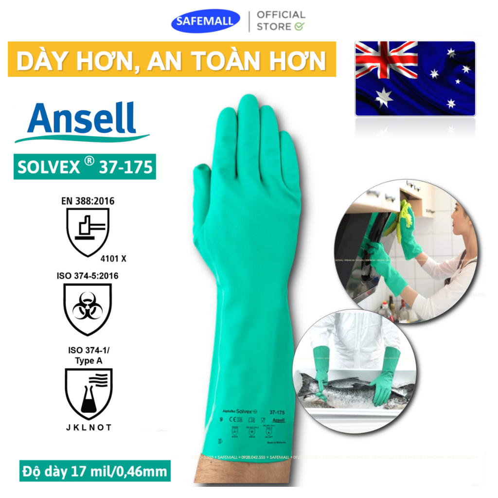Găng tay bảo hộ rửa chén ngăn hóa chất và dầu mỡ Ansell Alphatec 37-175 độ dày cao, bền dai - SAFEMALL Chính Hãng