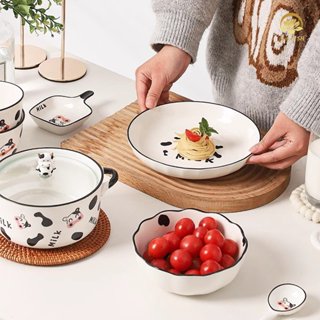 Bộ thố có nắp bằng sư muỗng thìa ăn cơm gia đình họa tiết trái dâu, bò sữa siêu đáng yêu - Gốm sứ Shunhui
