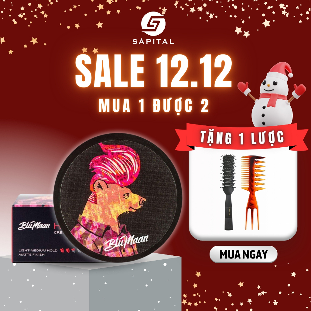 Sáp vuốt tóc Blumaan Hybrid Cream Clay – Gấu hồng 0.5oz - Tặng Lược - Light Hold nhẹ nhàng, ẩm mượt mà