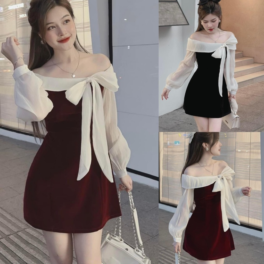 váy thiết kế đầm nhung nữ dài tay trễ vai phối voan nơ tiểu thư sang chảnh đầm dự tiệc V748 SUTANO