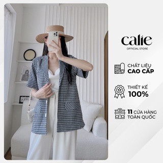 Áo blazer kẻ tay cộc basic cổ V dáng dứng Calie AB018