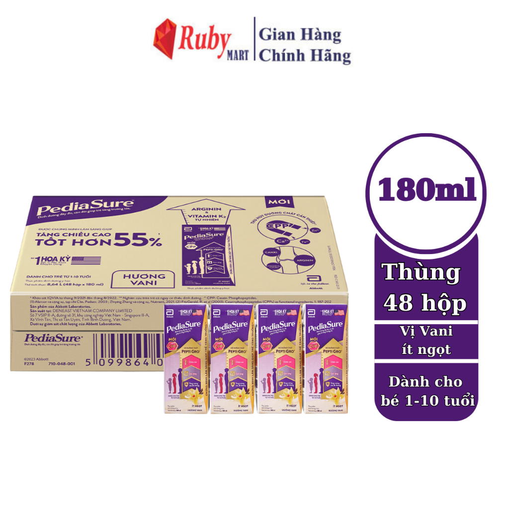 Thùng 48 Hộp Sữa nước Pediasure Vani ít ngọt 180ml