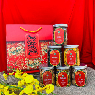 HỘP QUÀ TẾT CAO CẤP NÔNG SẢN SẠCH (Hạt Macca, Hạt Hạnh Nhân, Hạt Óc Chó, Mít Sấy, Chuối Sấy, Xoài Sấy Dẻo)