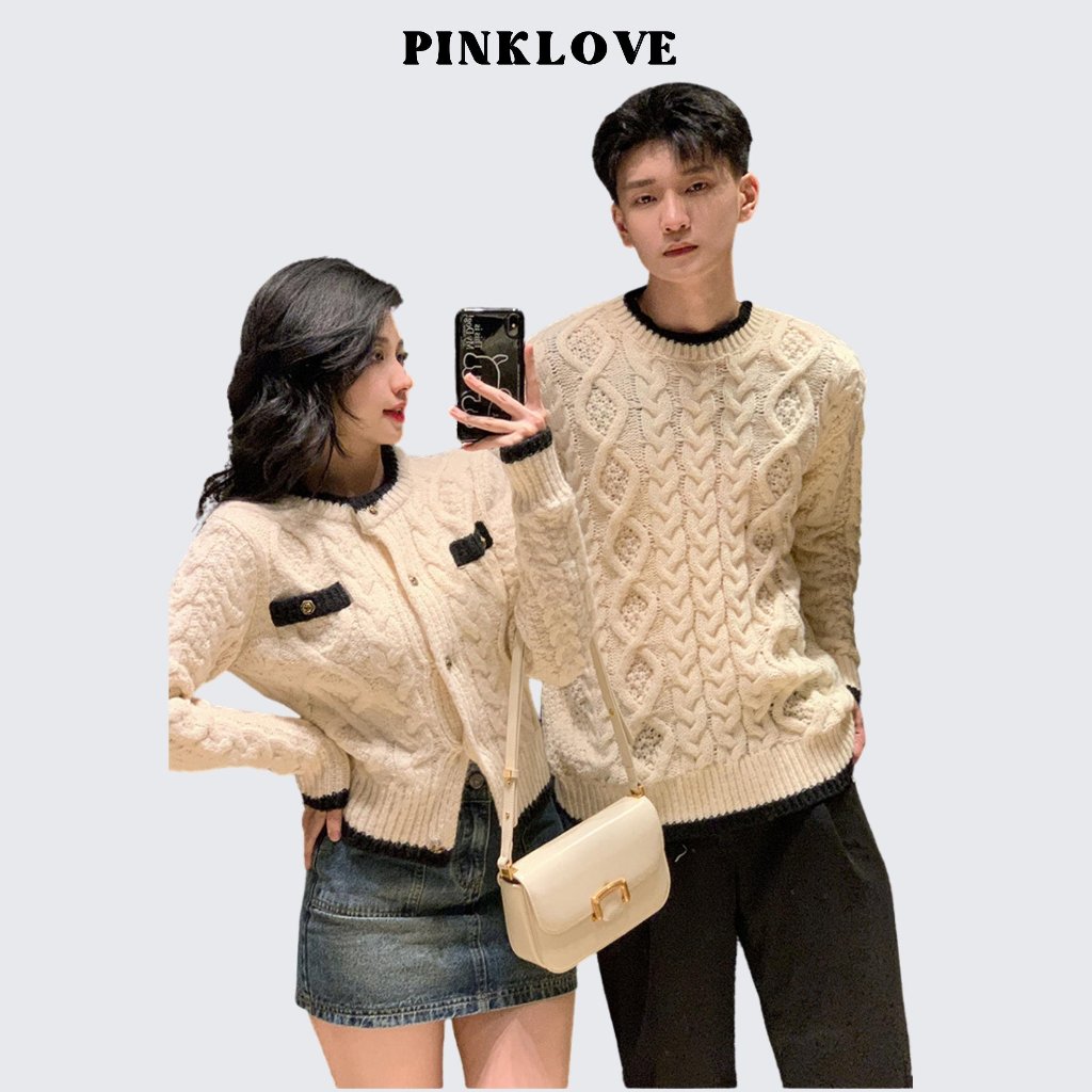 Đồ đôi áo len nam nữ thu đông hàn quốc PINKLOVE set couple áo khoác cardigan màu trắng kem thời trang siêu dày đẹp P144