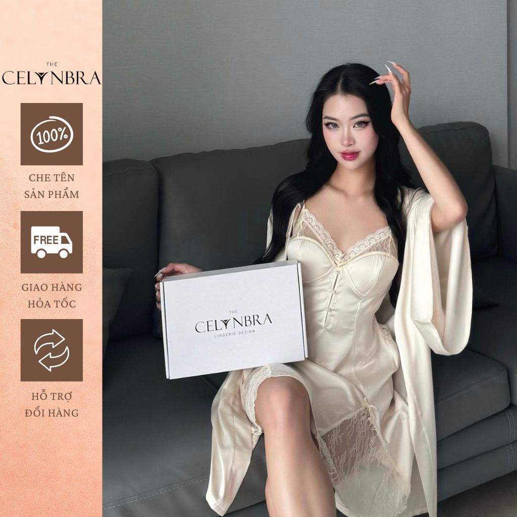 Set váy ngủ kèm áo choàng sexy lụa phối ren có đệm ngực THE CELYNBRA ( V115 + C13 )