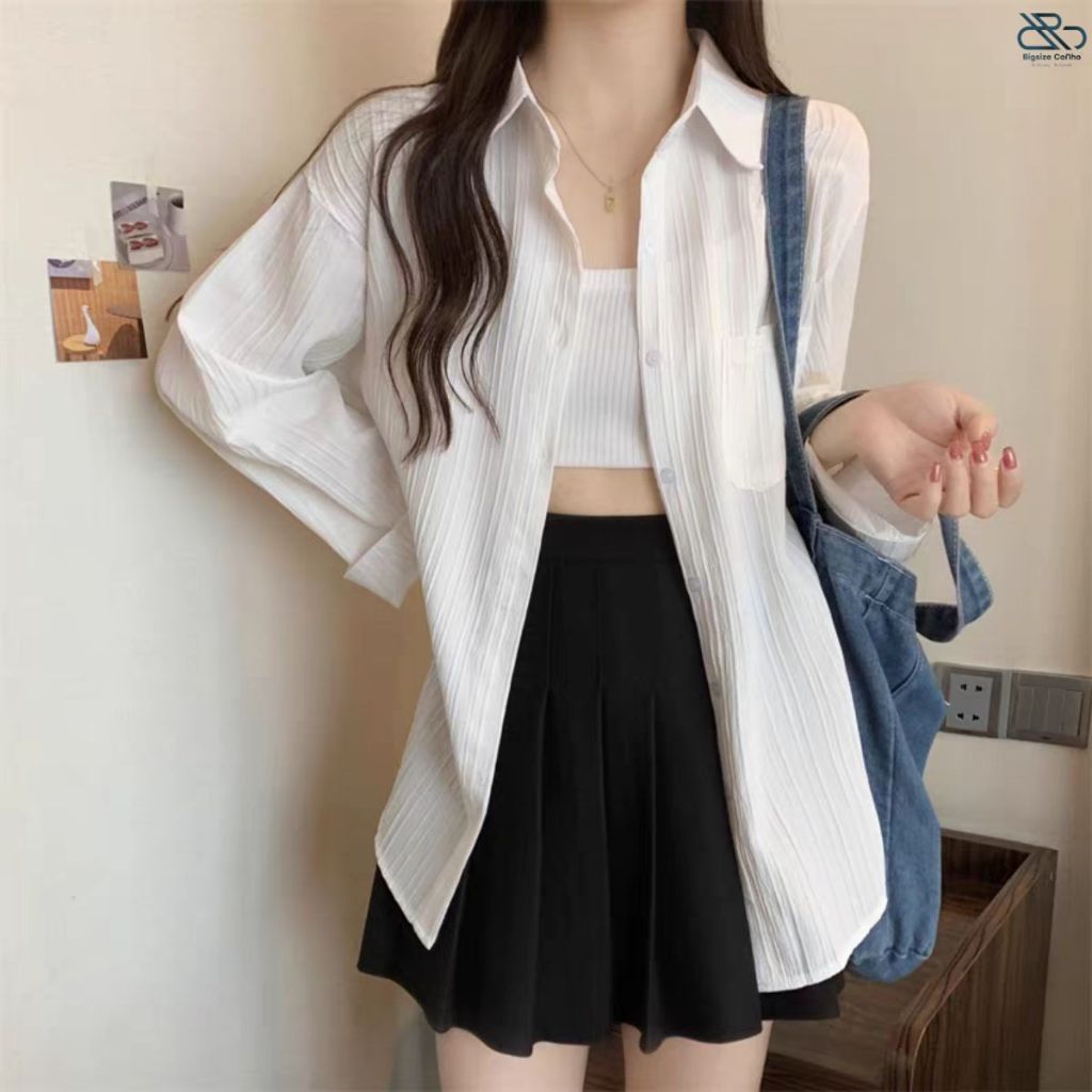 Áo Sơ Mi Phom Rộng Tay Dài Bigsize Cô Nhỏ Mặc Khoác Ngoài Chống Nắng Vải Xốp Nhẹ Mát SM21