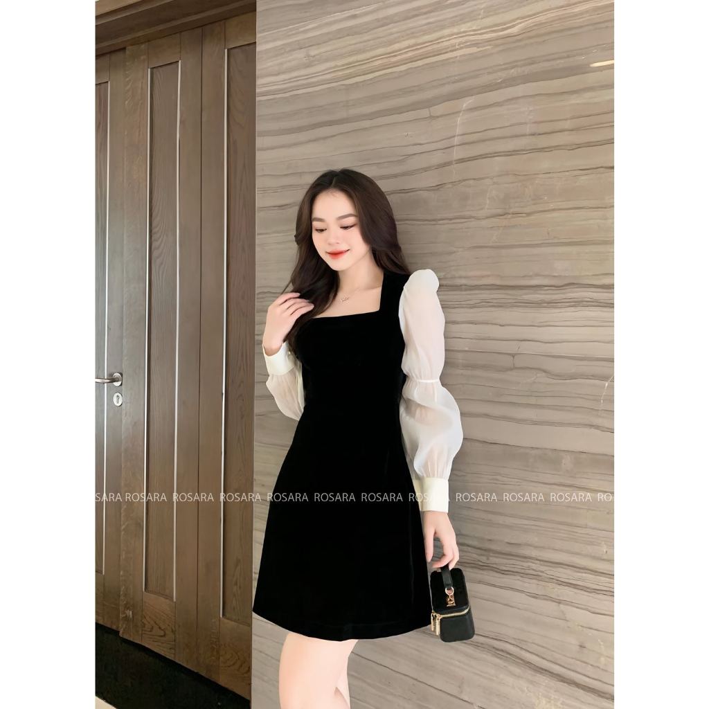 Váy Đầm Nữ Dài Tay Chất Nhung Màu Đen Pha Kem Thời Trang Nữ Rosara VA164