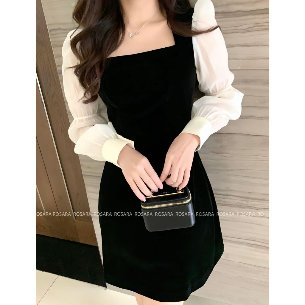 Váy Đầm Nữ Dài Tay Chất Nhung Màu Đen Pha Kem Thời Trang Nữ Rosara VA164