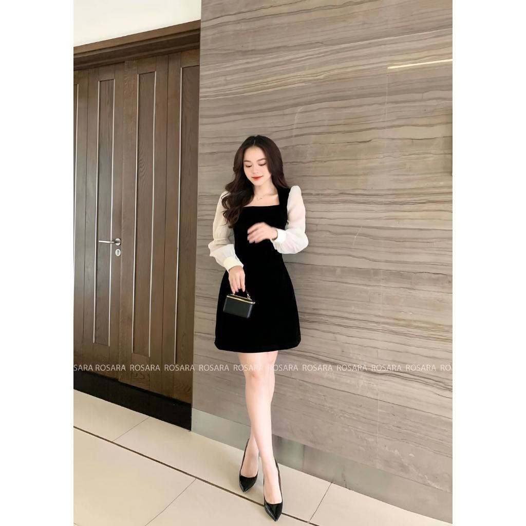 Váy Đầm Nữ Dài Tay Chất Nhung Màu Đen Pha Kem Thời Trang Nữ Rosara VA164