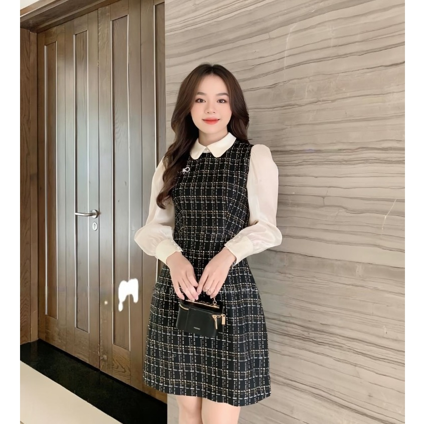 Váy Đầm Nữ Dài Tay Màu Đen Pha Kem Caro Chất Dạ Tweed Thời Trang Nữ Rosara VA165