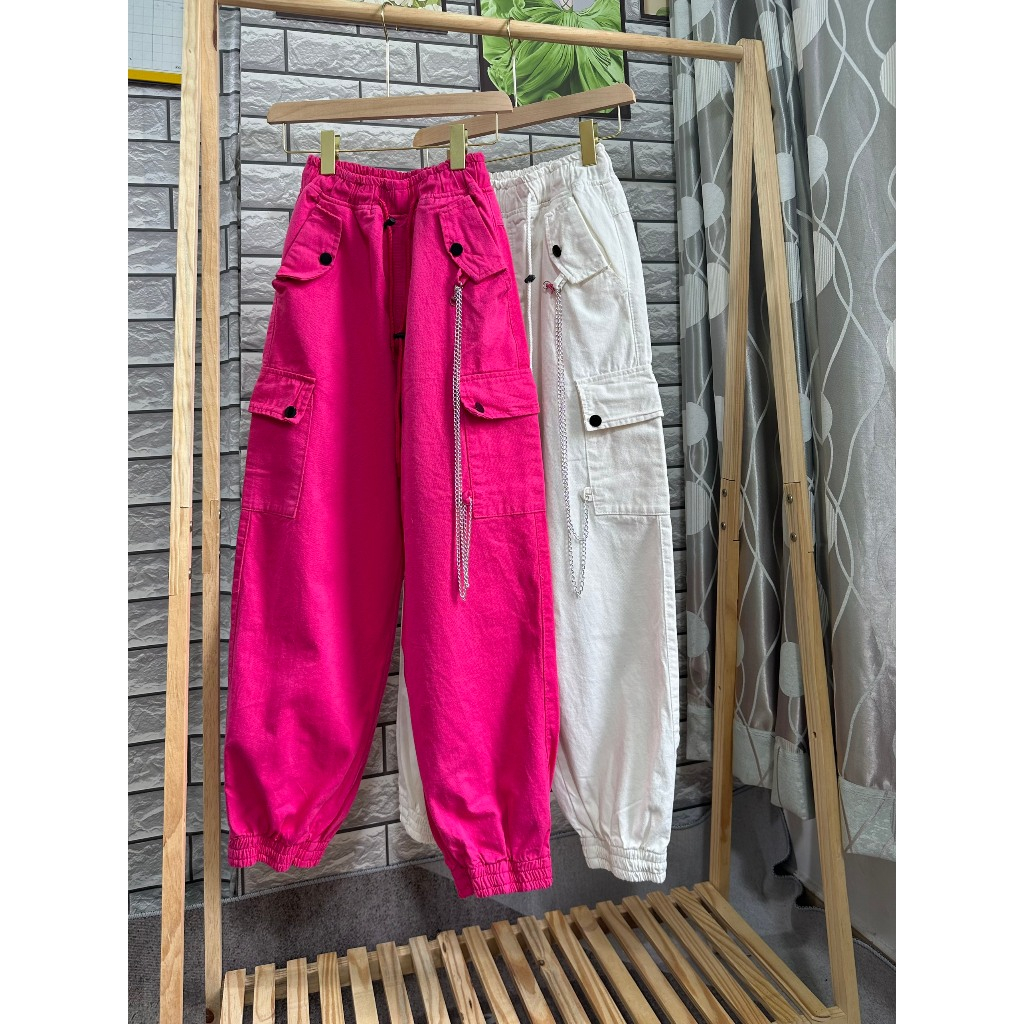 Quần Kaki Jeans Nữ Jogger Lưng Chun Ống Bo Kèm Dây Rút Mix Dây Tạo Kiểu 1 Bên Cá Tính