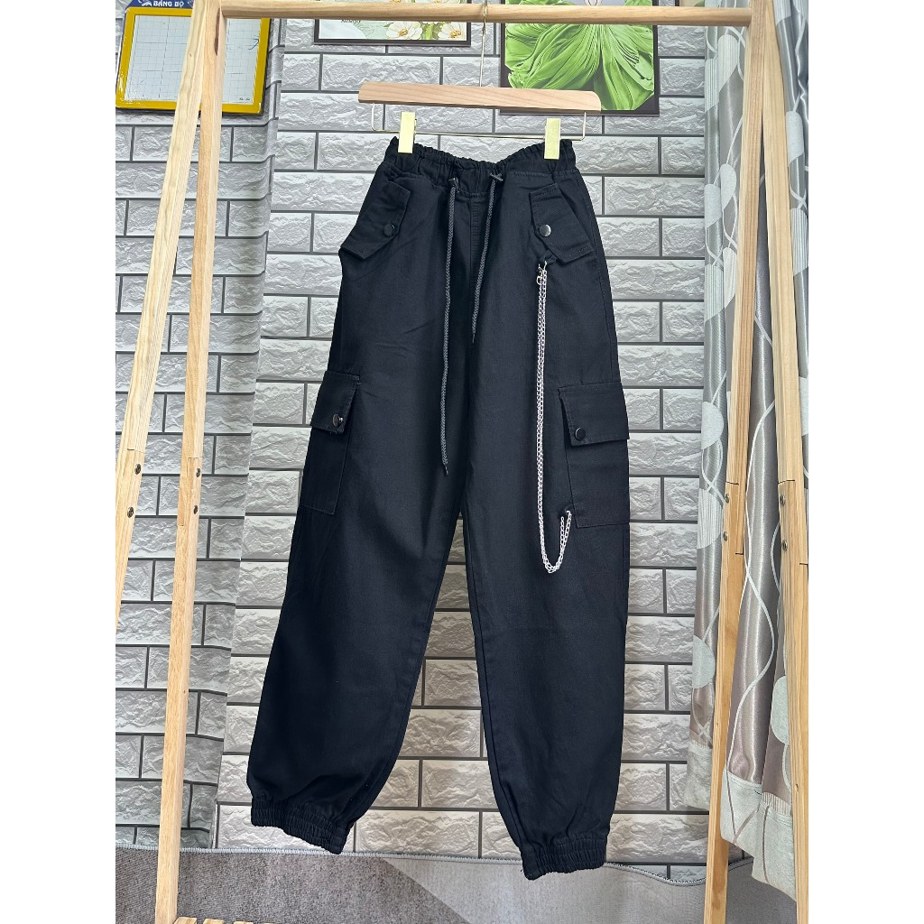 Quần Kaki Jeans Nữ Jogger Lưng Chun Ống Bo Kèm Dây Rút Mix Dây Tạo Kiểu 1 Bên Cá Tính