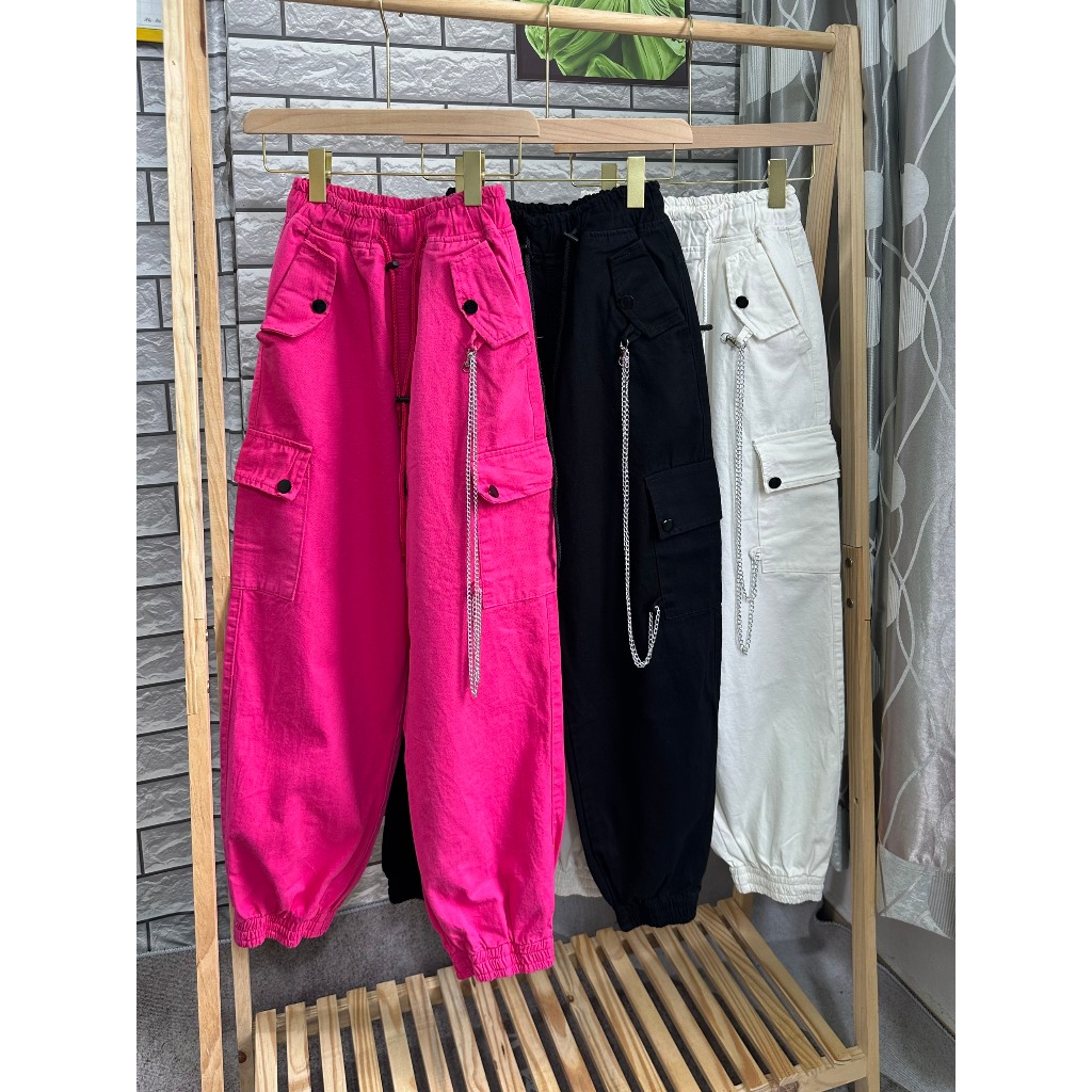 Quần Kaki Jeans Nữ Jogger Lưng Chun Ống Bo Kèm Dây Rút Mix Dây Tạo Kiểu 1 Bên Cá Tính