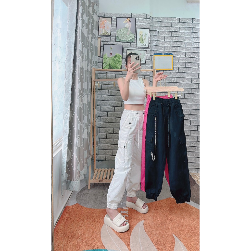 Quần Kaki Jeans Nữ Jogger Lưng Chun Ống Bo Kèm Dây Rút Mix Dây Tạo Kiểu 1 Bên Cá Tính