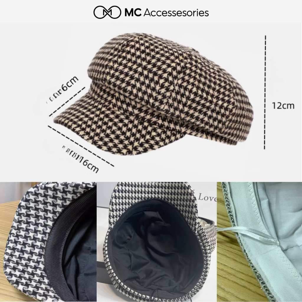 Nón Nồi Newsboy Sọc Caro JBR10 M C MR & MRS CAP Kiểu Mũ Beret Nữ Chất Vải Dày Có Lớp Lót Nhiều Màu Vintage
