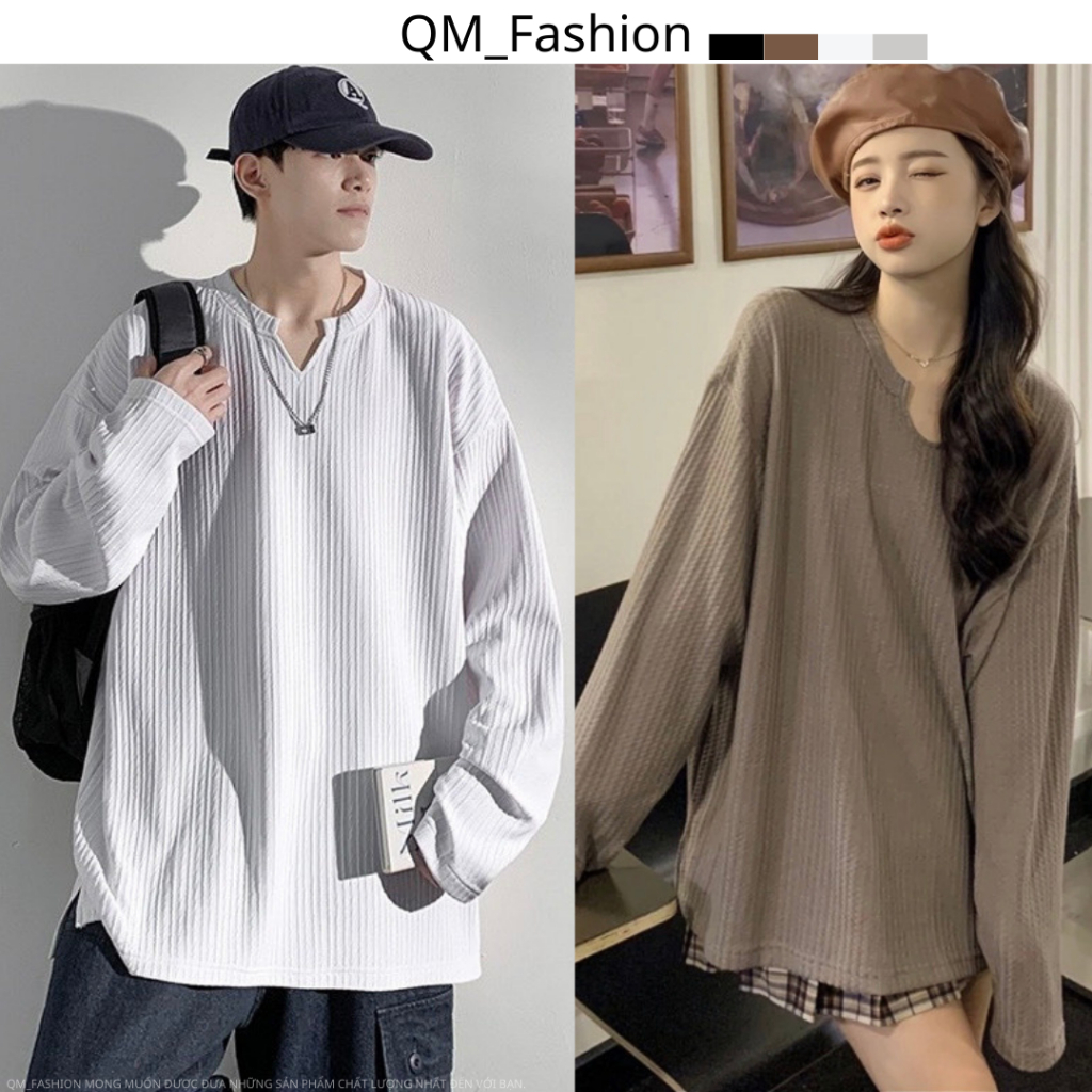 Áo thun dài tay nam nữ cổ V chất thun gân hàng chính phẩm mặt mịn độ đàn hồi cao phong cách Hàn Quốc form suông oversize