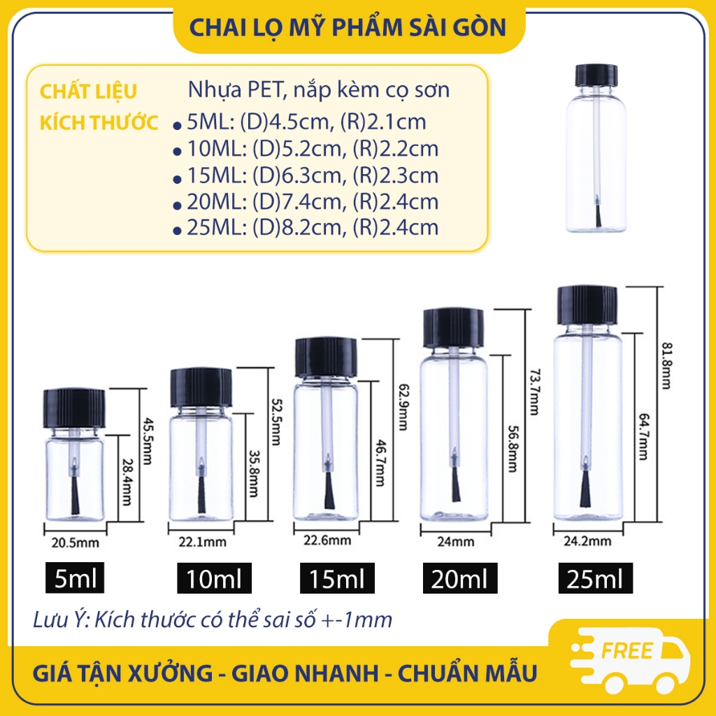 Chai nhựa PET chiết sơn móng tay, 5ml/10ml/15ml/20ml/25ml, chai nắp vặn chắc chắn, kèm cọ sơn - BuyOne - BOPE19