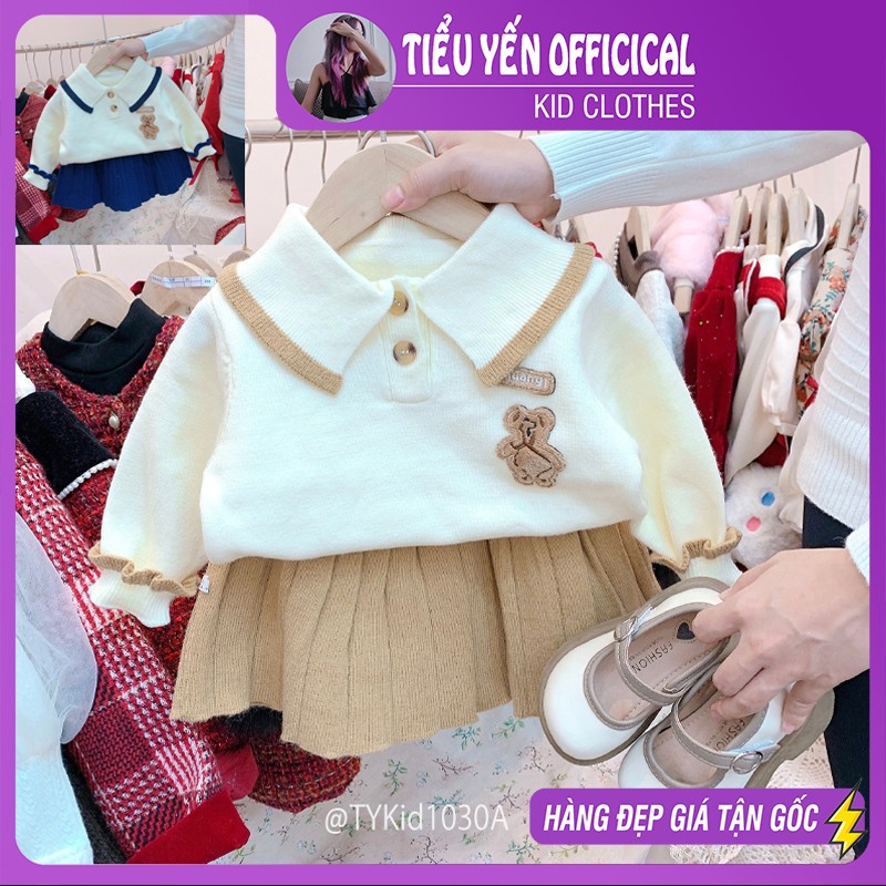 Quần áo trẻ em, Set len cao cấp bé gái 2 màu họa tiết gấu cho bé 8-25kg S1030 | Tiểu Yến KID
