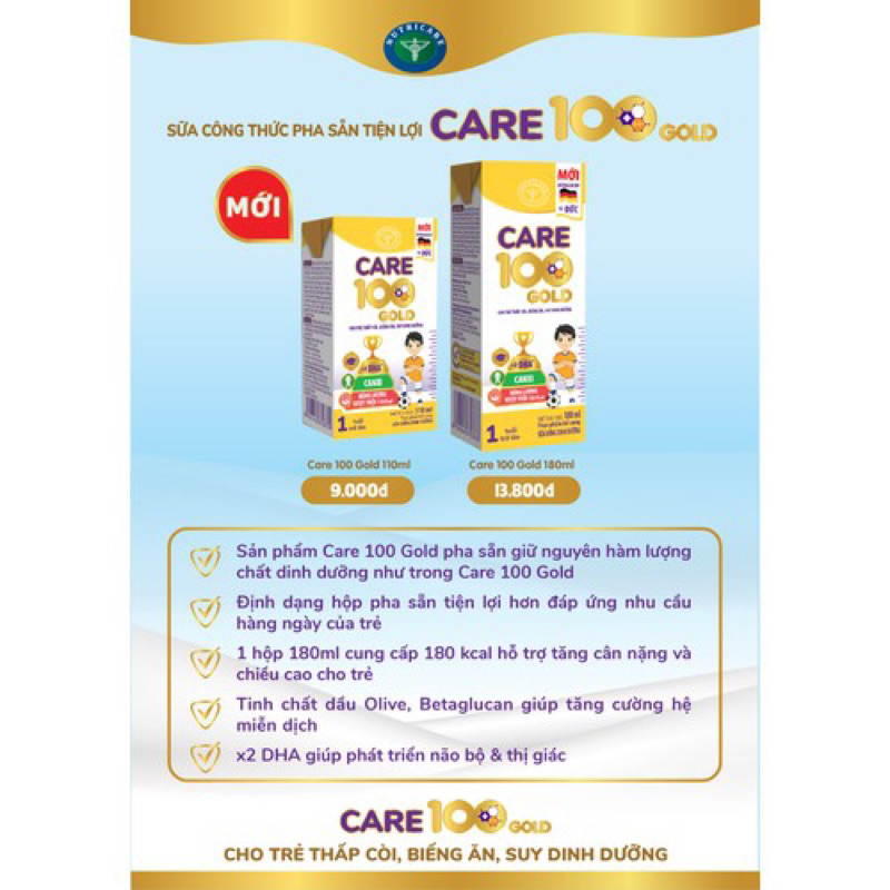 Sữa Care 100 Gold 110ml Pha Sẵn Thùng 48 hộp.dành cho trẻ thấp còi, biếng ăn, suy dinh dưỡng từ