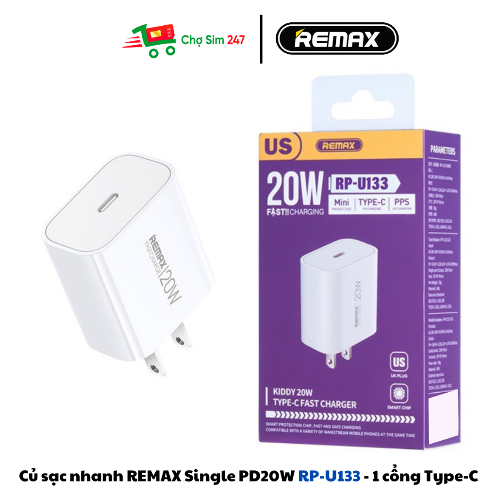 Củ sạc nhanh REMAX PD20W RP-U133 - Sạc nhanh dành cho điện thoại IP và Android