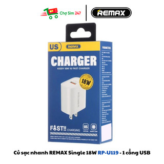 Củ sạc nhanh remax single 18w rp-u119 - sạc nhanh dành cho điện thoại ip và android
