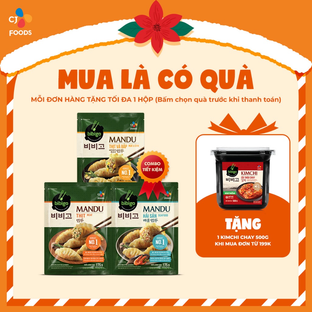 COMBO 03 Bánh xếp Mandu Hàn Quốc Bibigo - Thịt, Thịt và bắp, Hải sản (175g x 3)